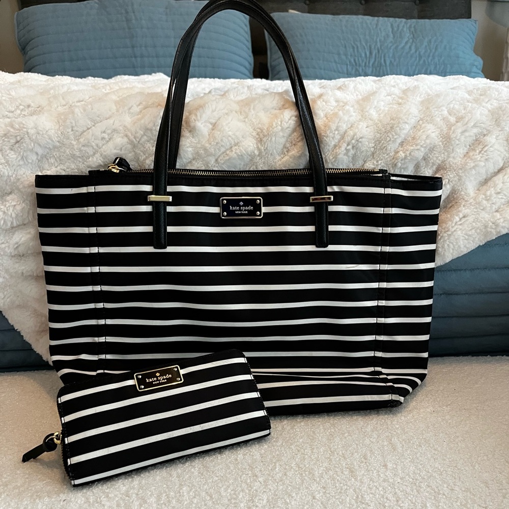 Kate Spade Black and White Striped Bag and Wallet - EUC